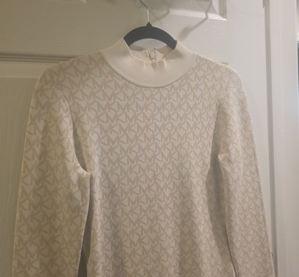 Michael Kors Cream Logo Jacquard Mock Neck Sweater
